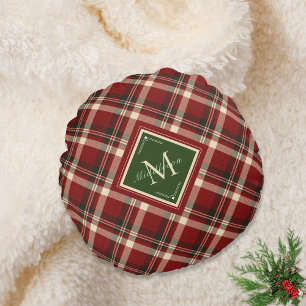 Rustic Christmas Family Monogram Red Green Plaid   Round Cushion