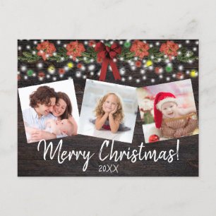 Rustic Christmas Festive Lights & Garland 3 Photo Holiday Postcard