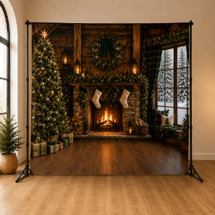 Rustic Christmas Fireplace Cabin Photo Backdrop Tapestry