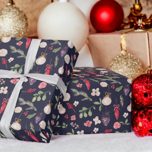Rustic Christmas floral bauble watercolor pattern Wrapping Paper
