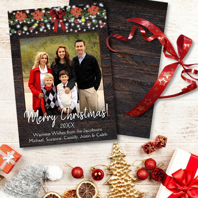 Rustic Christmas Garland with Lights Photo Holiday Card (In Situ Front/Back)