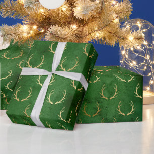 Rustic Christmas gold green cute antlers pattern  Wrapping Paper
