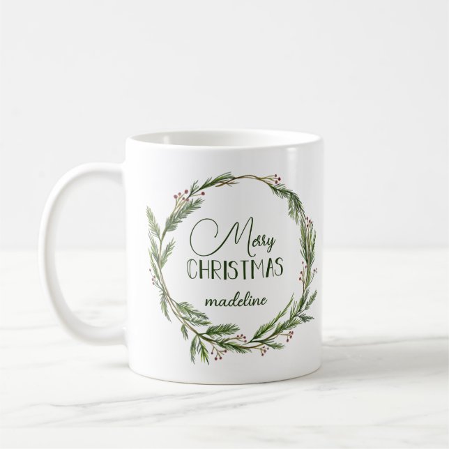 Rustic Christmas Greenery Wreath Personalised  Coffee Mug (Left)