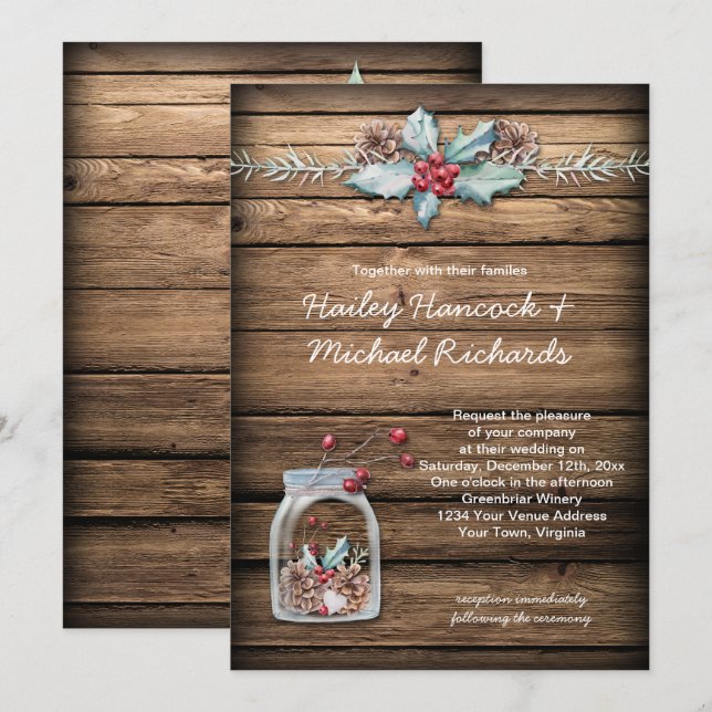 Rustic Christmas Holly Leaves Berries Mason Jar Invitation (Front/Back)
