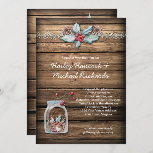 Rustic Christmas Holly Leaves Berries Mason Jar Invitation