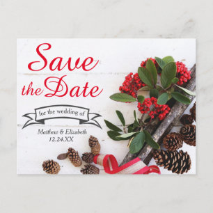 Rustic Christmas Holly & Pine Cones Save The Date Announcement Postcard