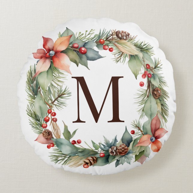 Rustic Christmas Holly Poinsettia Wreath Monogram  Round Cushion (Front)