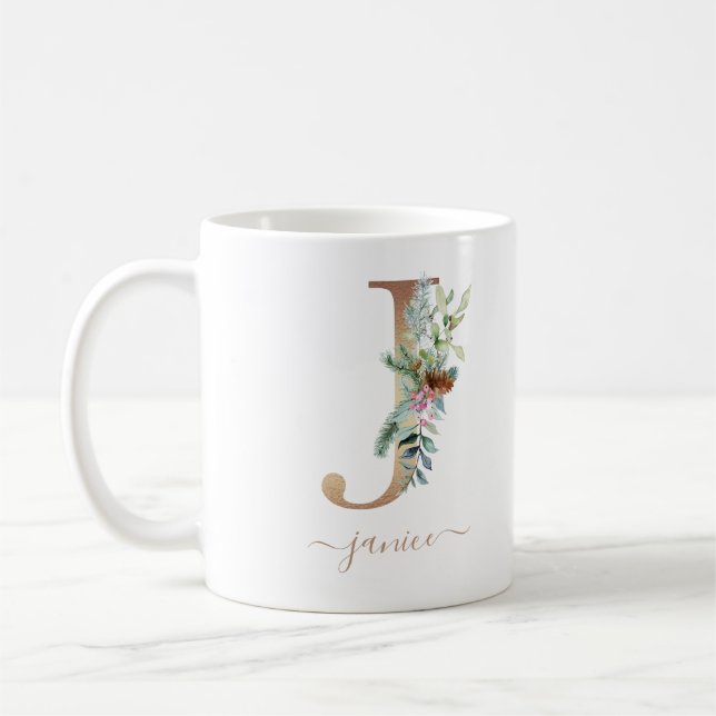 Rustic Christmas Holly Red Berries Gold Monogram J Coffee Mug (Left)