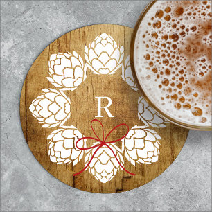 Rustic Christmas Hops Beer Wreath Monogram Coaster