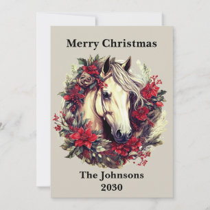 Rustic Christmas Horse Poinsettia Wreath  Holiday Card