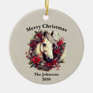 Rustic Christmas Horse Wreath Holiday Photo  Ceramic Ornament