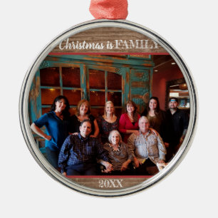 Rustic Christmas Is Family Photo Modern Metal Ornament