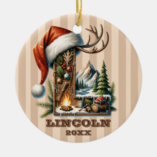 Rustic Christmas Letter L with Cosy Winter Scene Ceramic Ornament
