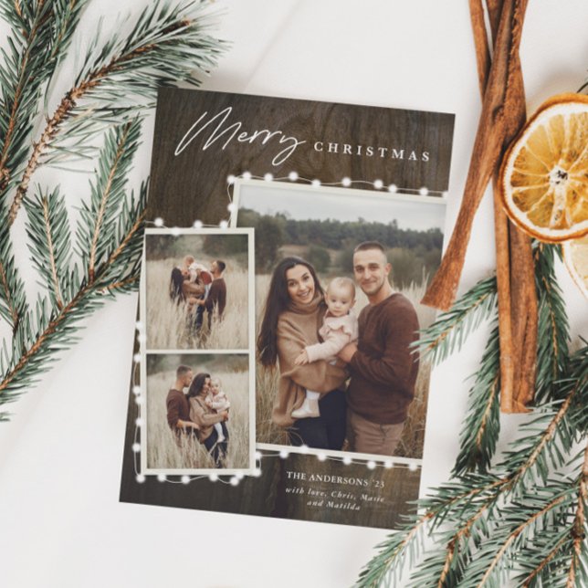 Rustic Christmas Lights 3 Photo Collage Holiday (Rustic Christmas Fairy Lights 3 Photo Collage Holiday Card with Wood Background)