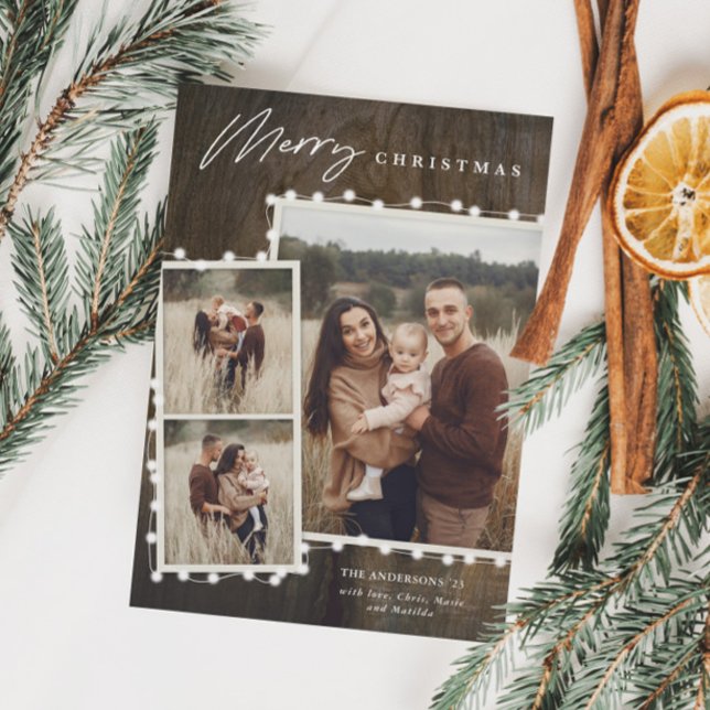 Rustic Christmas Lights 3 Photo Collage Holiday Card (Rustic Christmas Lights 3 Photo Collage Holiday Card)