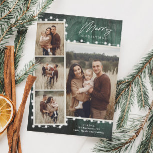 Rustic Christmas Lights 4 Photo Collage Holiday Card