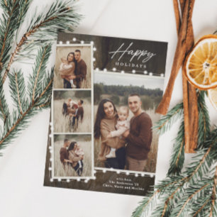 Rustic Christmas Lights 4 Photo Collage Holiday Card