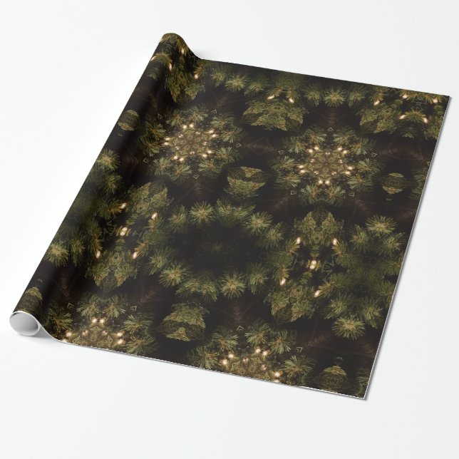 Rustic Christmas Lights Fir Kaleidoscopic Design Wrapping Paper (Unrolled)