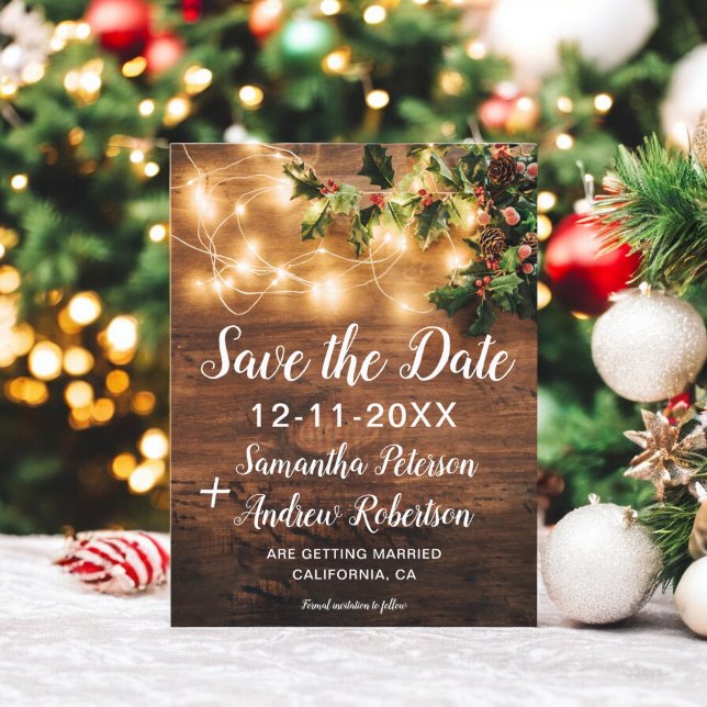Rustic Christmas lights mistletoe save the date Announcement Postcard (Rustic Christmas lights mistletoe save the date Announcement Postcard)