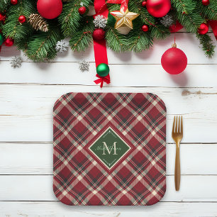 Rustic Christmas Monogram Name Red Green Plaid Paper Plate