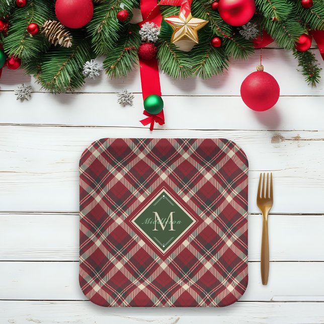 Rustic Christmas Monogram Name Red Green Plaid Paper Plate (Creator Uploaded)