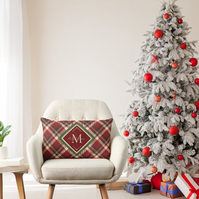 Rustic Christmas Monogram Red Green Plaid   Lumbar Cushion (Creator Uploaded)