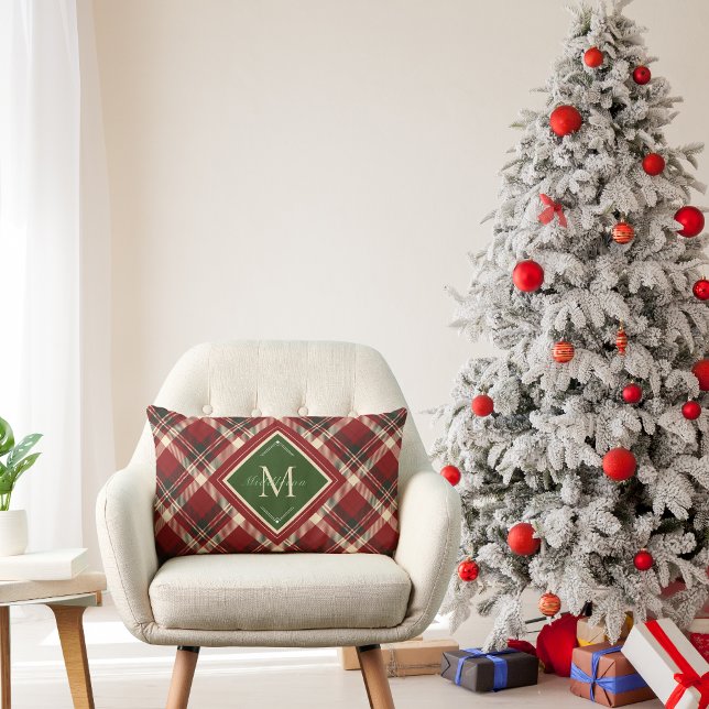 Rustic Christmas Monogram Red Green Plaid Lumbar Cushion (Creator Uploaded)