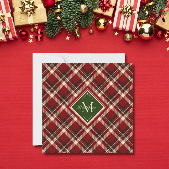 Rustic Christmas Monogram Red Plaid flat Card (Creator Uploaded)