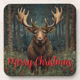 Rustic Christmas moose deer boho woodland forest Coaster