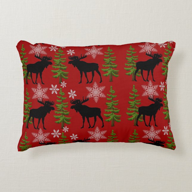 Rustic Christmas Moose Red and Black  Decorative Cushion (Front)