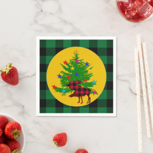 Rustic Christmas Moose, Tree, Green Buffalo plaid Napkin
