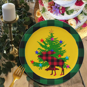 Rustic Christmas Moose, Tree, Green Buffalo plaid Paper Plate