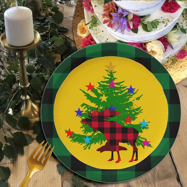 Rustic Christmas Moose, Tree, Green Buffalo plaid Paper Plate (Creator Uploaded)