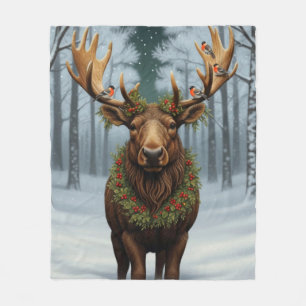 Rustic Christmas moose winter woodland forest Fleece Blanket