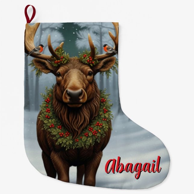 Rustic Christmas moose winter woodland forest  Large Christmas Stocking (Front)