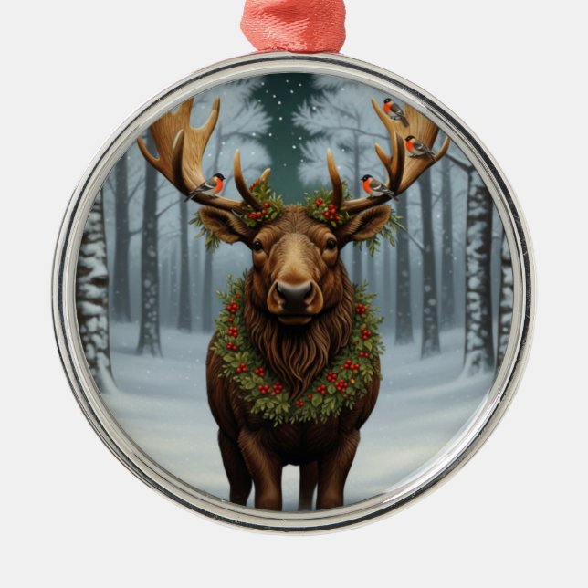 Rustic Christmas moose winter woodland forest  Metal Ornament (Front)