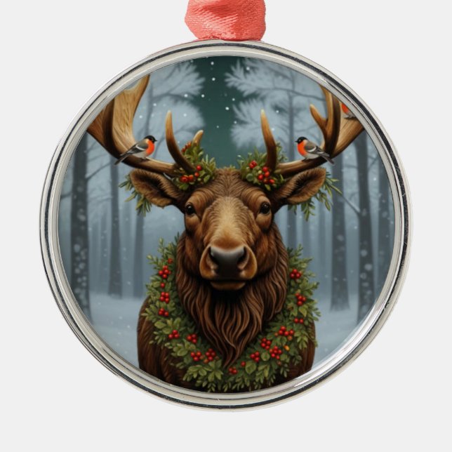 Rustic Christmas moose winter woodland forest  Metal Ornament (Front)
