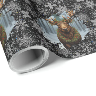 Rustic Christmas moose winter woodland forest snow Wrapping Paper