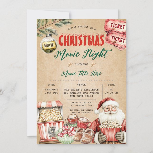Rustic Christmas Movie Night Popcorn Santa Party Invitation (Front)
