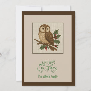 Rustic Christmas Owl with Holly leaves Holiday Card