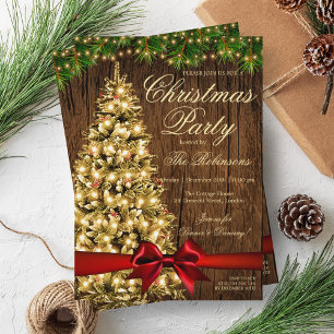 Rustic Christmas Party   Xmas Tree Lights & Ribbon Invitation