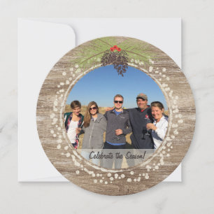 Rustic Christmas Photo Collage Wood & Pine Cone Invitation