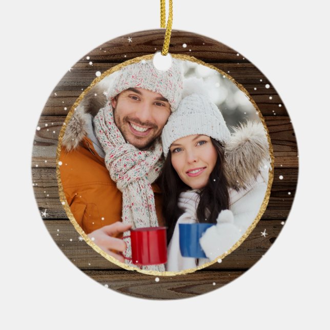 Rustic Christmas Photo Ornaments | Gold Wood (Front)