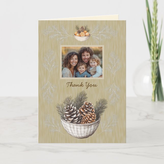 Rustic Christmas Photo Pine Branches Thank You Card (Front)