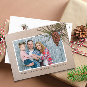 Rustic Christmas Photo Pinecone Brown Kraft Paper Holiday Postcard