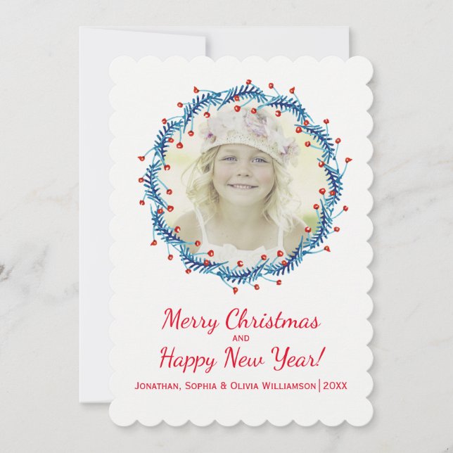 Rustic Christmas Pine & Berry Wreath Holiday Photo Card (Front)