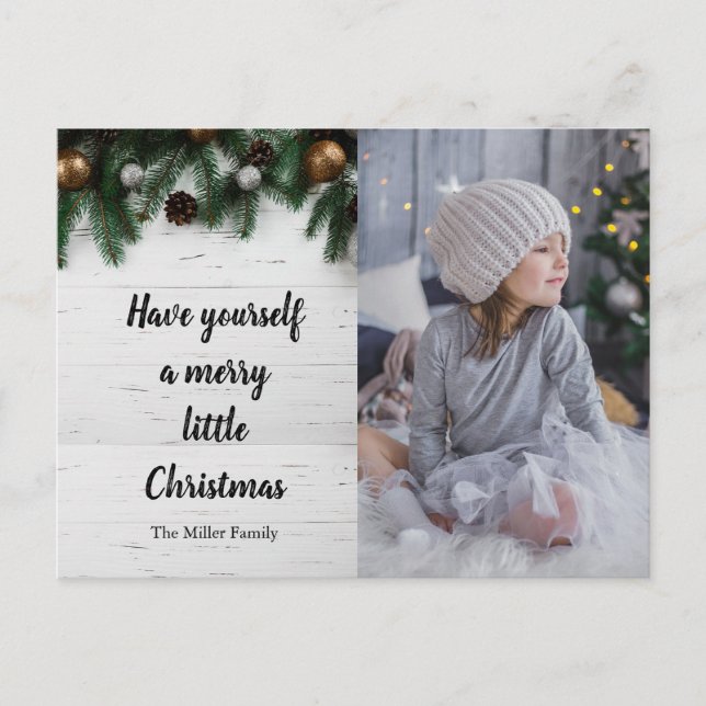 Rustic Christmas pine tree on wood custom photo Holiday Postcard (Front)