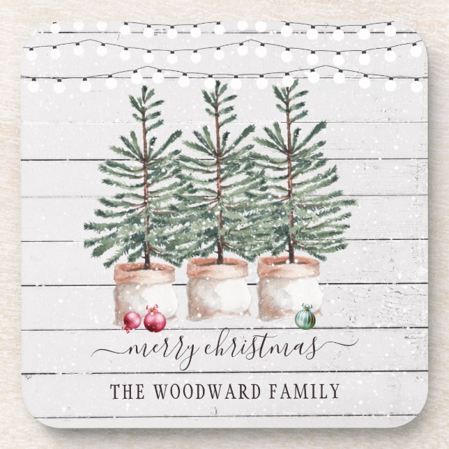 Rustic Christmas Pine Trees Snow String Lights Coaster (Front)