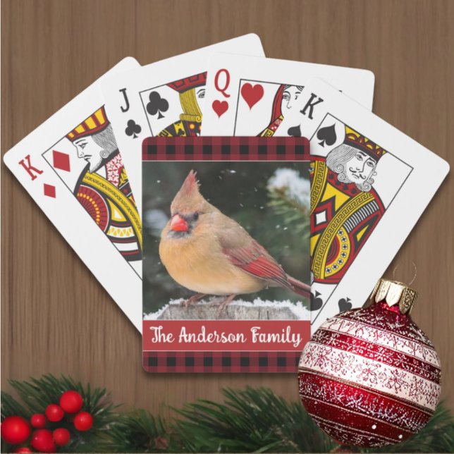 Rustic Christmas Plaid Family Name Cardinal Playing Cards (Playing cards are a fun stocking stuffer. This cardinal and custom text make them extra special.)