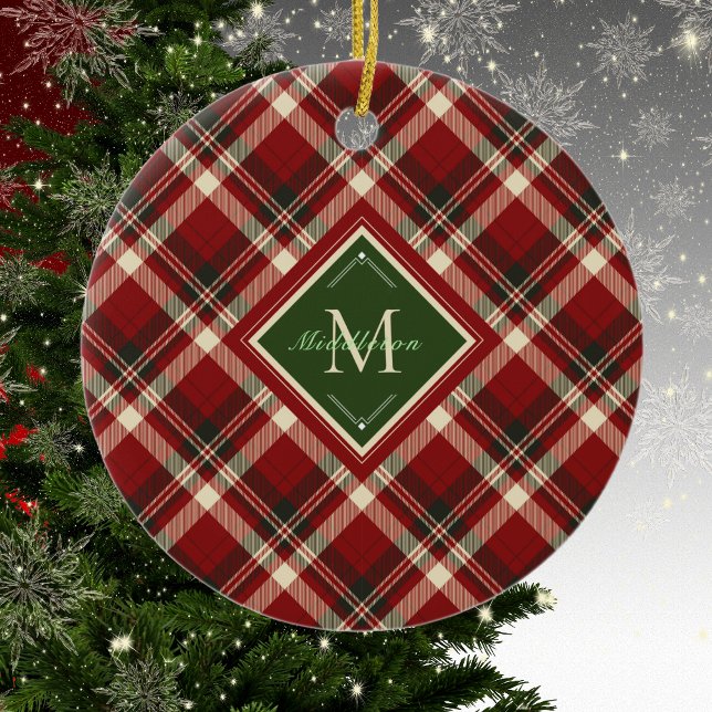 Rustic Christmas Plaid Green Monogram Name Holiday Ceramic Ornament (Creator Uploaded)